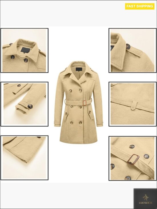Classic Wool Pea Coat Double Breasted Trench Belted Winter Coat Chic Elegant - Picture 4 of 6